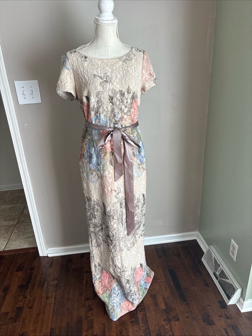 Adrianna Papell Cream Lace Maxi Dress with Pastel Floral Accents and Satin Belt